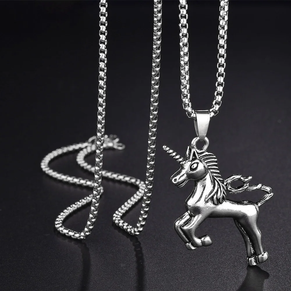 1 buc de Argint de Epocă Unicorn Pandantiv Colier Metal Lanț de Link-ul Fata de Femei de Moda Bărbați Bijuterii cel Mai frumos Cadou reducere ~ Coliere & pandantive >